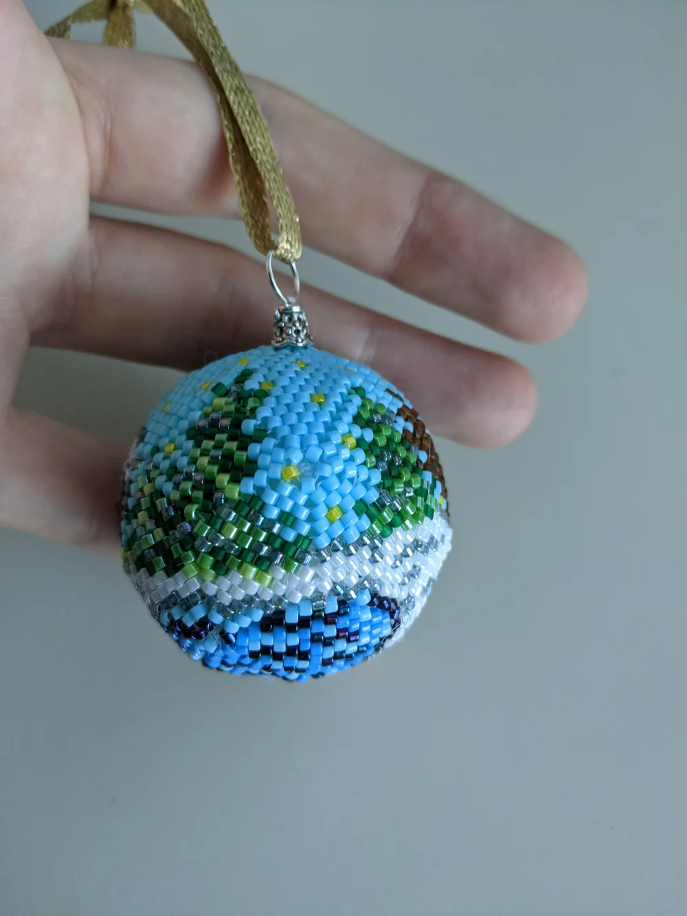 Handcrafted Beaded Snowman Ornament - Blue, Green, Red